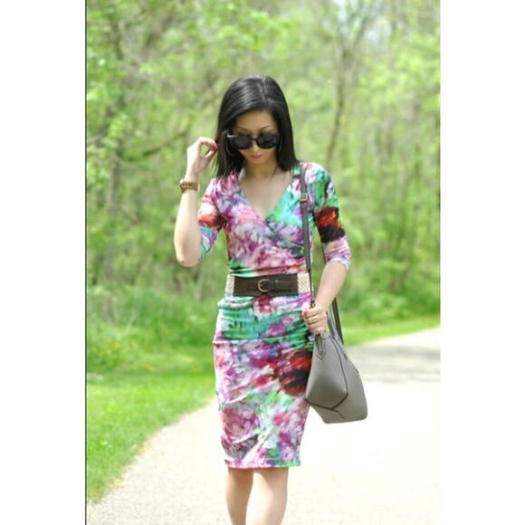 Muse Women's Faux Wrap Stretch Jersey Boho Knee Length Dress Size 14 Multicolor - Picture 1 of 7